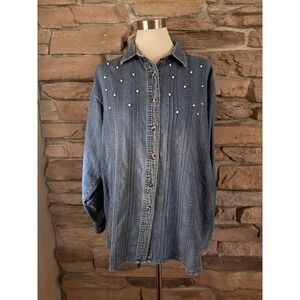 Victoria Jones Woman Denim Shirt Blue Pintuck Pearl Embellished Western Medium